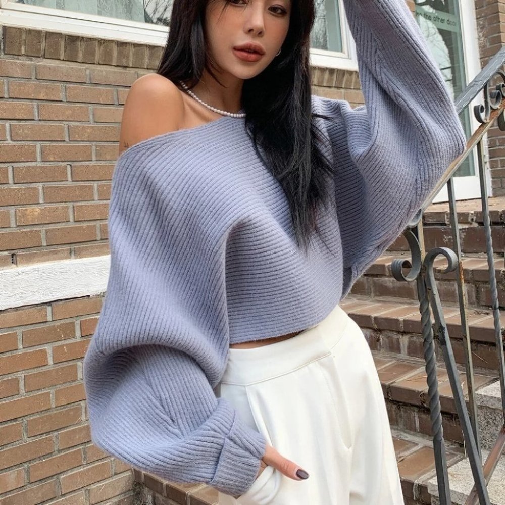 Blue Womens Batwing Boat Neck knit Sweater top - Picture 2 of 4